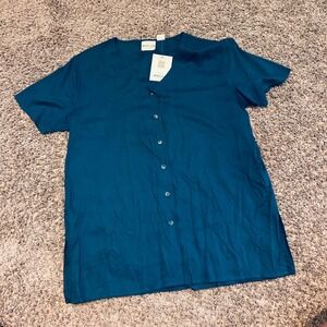 Vintage Bentley‎ Teal Button-Up Top Short Sleeve V-Neck Ladies Medium New